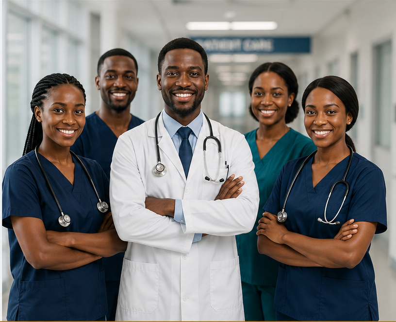 Black healthcare professionals standing together in a modern clinical setting
