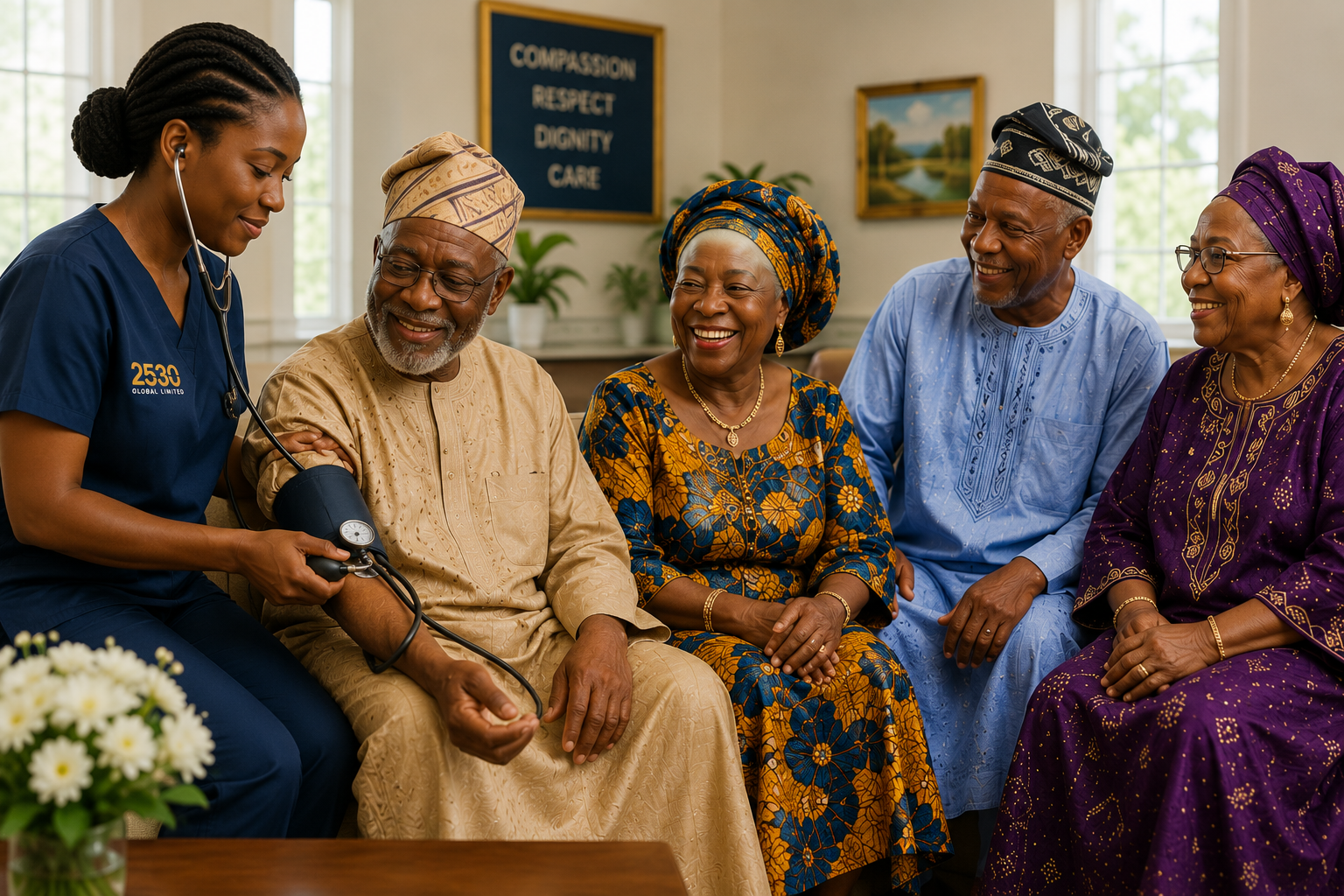Nurse drawing blood from an older Nigerian patient wearing traditional clothing